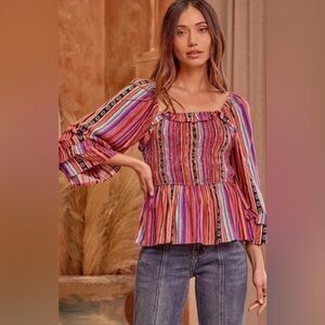 Savannah Jane Women’s Smock Top Aztec Serape Striped Print Peplum Western Boho L
